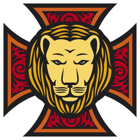 lion head and iron cross in tattoo style (tribal style)のイラスト素材