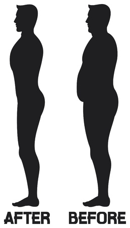 diet beauty before and after  man losing weight transformation, a man diets and exercises from fat to fitness in before and after, before and after diet men silhouettes のイラスト素材
