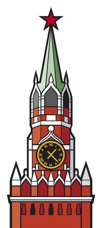 kremlin tower with clock in moscow, russia  spasskaya tower of the moscow kremlin, kremlin clock of the spasskaya tower, red clock tower of moscow, moscow kremlin tower のイラスト素材
