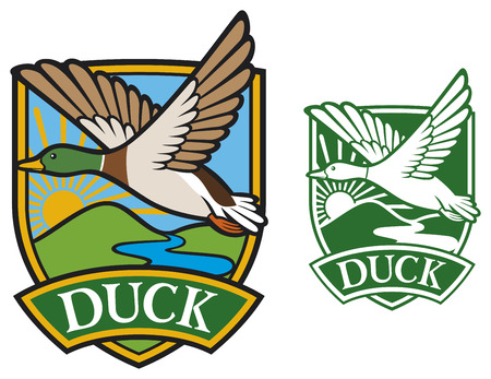 mallard duck flying emblem  bird duck, flying duck, hunting ducks symbol のイラスト素材
