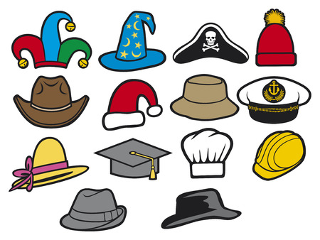 collection of hats  jester hat, bucket hat, lady s hat, cowboy hat, fedora hat, santa claus hat, construction workers hard hat, military officer s cap, wizard hat, graduation cap, chef hat のイラスト素材