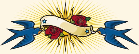 swallow (swallows, roses, banner and sun tattoo design)のイラスト素材