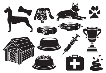 dog icons set paw print, dog bone, pet food bowl, dog house, poo, syringe, trophy cup, dog collar, pet first aidのイラスト素材