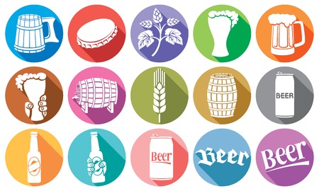 beer flat icons collection beer icons set - hops leaf, hop branch, wooden barrel, glass of beer, beer can, bottle cap, beer mug, beer beer bottlesのイラスト素材