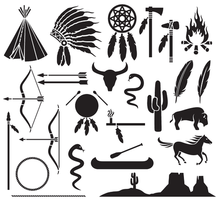 native american indians icons set bow and arrow, snake, horse, bison, cactus, tomahawk, axe, campfire, landscape, wigwam, indian chief headdress, canoe, peace pipe, dream catcherのイラスト素材