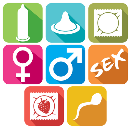 sex flat icon set condom packaging icons, male and female gender symbolsのイラスト素材