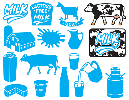 milk icons collection (lactose free label, goat, container for yogurt, milk jug, pitcher, retro milk can, milk label, milk packet or box, barn and silo, farm)のイラスト素材