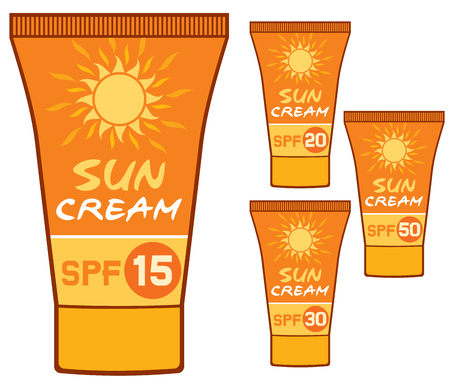 sun cream cosmetics collection (uv protection tubes with different SPF factor, sunscreen packaging)のイラスト素材