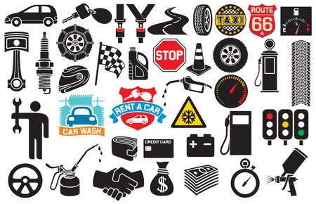 car icons collection (auto and transport elements, tire track, seat belt, mechanic worker, spark plug, engine piston, taxi label, checkered flag, key)のイラスト素材