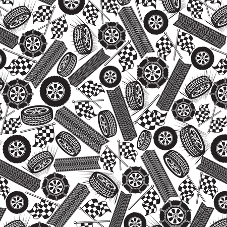 Background pattern with tires and checkered flags.のイラスト素材
