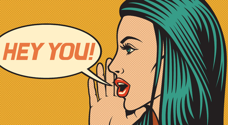 hey you - vector illustration of beautiful woman calling someone (shouting loud) in pop art styleのイラスト素材