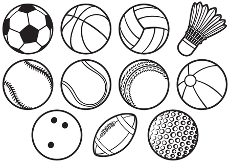 Sport ball thin line icons set (beach, tennis, American football, soccer, volleyball, basketball, baseball, bowling, cricket, badminton).のイラスト素材