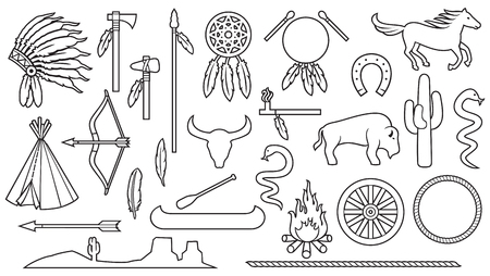 Native American Indians thin line icons set Vector illustration.のイラスト素材