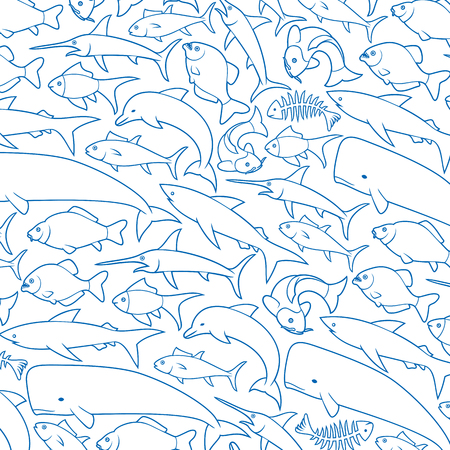 background pattern with fish thin line icons (dolphin, bone, carp, shark, whale, swordfish, piranha, tuna)のイラスト素材