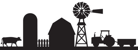 Farm landscape silhouette (barn, silo, tractor, wagon, water pumping windmill, cow, wooden fence).のイラスト素材