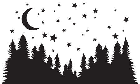 Starry night. Forest, night moon and stars silhouette vector background.のイラスト素材