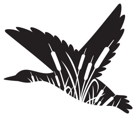 Floral flying mallard duck illustration (grass silhouettes - flowers and plants).のイラスト素材