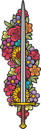 Sword and flowers color designのイラスト素材