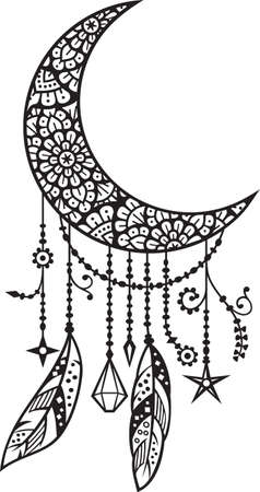 Mandala moon with feathers (Boho style) vector illustrationのイラスト素材