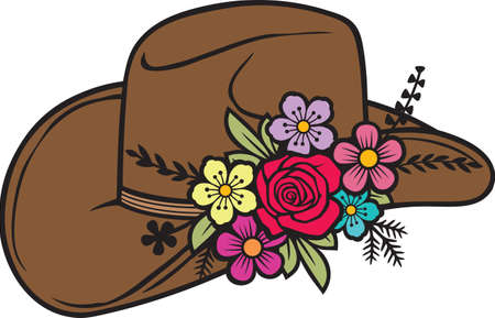 Cowboy Hat with Flowers Color Vector Illustrationのイラスト素材