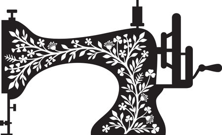 Floral Sewing Machine (Vintage Design) Black and White. Vector Illustration.のイラスト素材