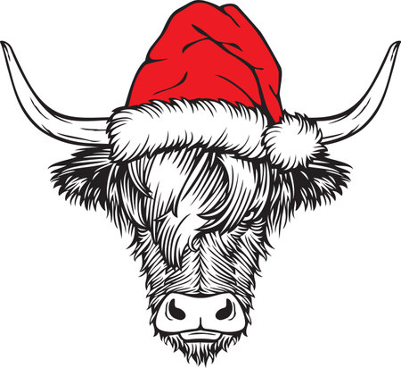 Christmas Highland Cow with Santa Hat.  Scottish Cattle Color. Vector Illustration.のイラスト素材