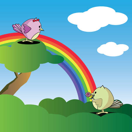owls express love on the rainbow backgroundのイラスト素材