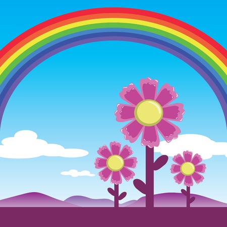 Rainbow and cosmos flowers under the blue skyのイラスト素材