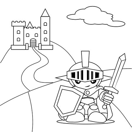 Hero with sword and the castle coloring bookのイラスト素材