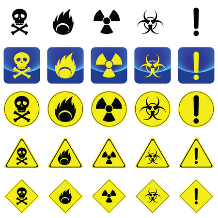 Warning sign for radio active, bio hazard, flame vector on button and many types of yellow circle, triangles and square signのイラスト素材