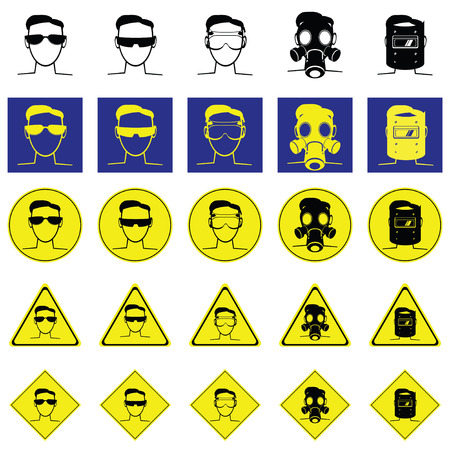 Warning sign of head for wearing the eyes protection such as sunglasses, lab goggle, gas mask, Welding Helmetのイラスト素材