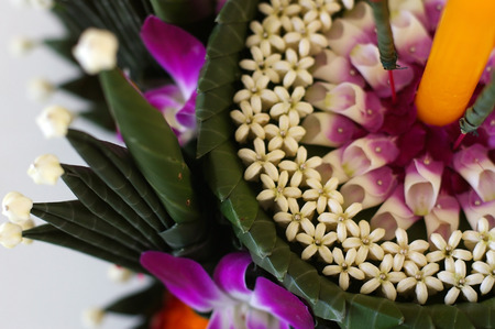 flowers and banana leafs are the material for making Krathong in Loy Krathong ceremony, Thailand