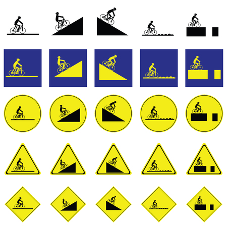 Warning sign of man cycling on the various ways include slope up and down, rough way and road with deep holeのイラスト素材