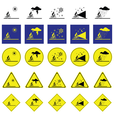 Warning sign of man cycling on the various climatic conditions such as sunny, thunder, snow, dark and rainのイラスト素材