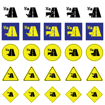 Warning sign of animal in farm across the road include chicken, duck, cow, pig, sheepのイラスト素材