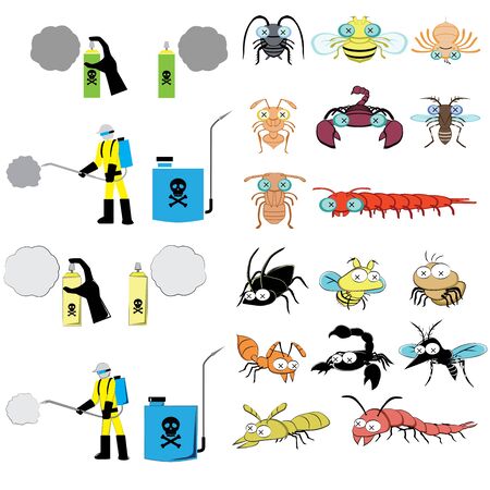 pest control graphic include sprayer, cockroach, fly, spider, ant, scorpion, mosquitoes, termite, centipedeのイラスト素材