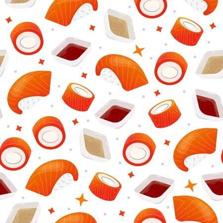 Seamless vector isolated texture of nigiri, sauces. Bright, beautiful background in a modern flat style. Sushi with avocado and salmon, red sauce, beige sauce.のイラスト素材