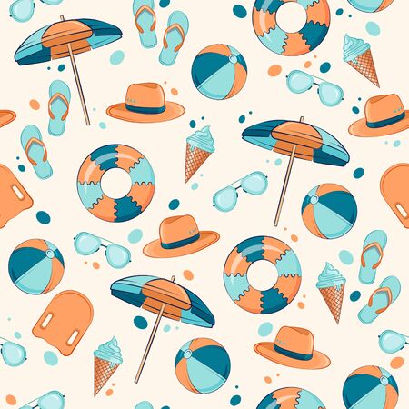 Seamless summer vector pattern. Beautiful background with beach accessories and a bouncy ball and a circle.のイラスト素材