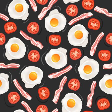 Vector, seamless breakfast pattern: fried eggs, bacon, tomatoes. Colorful, juicy background.のイラスト素材