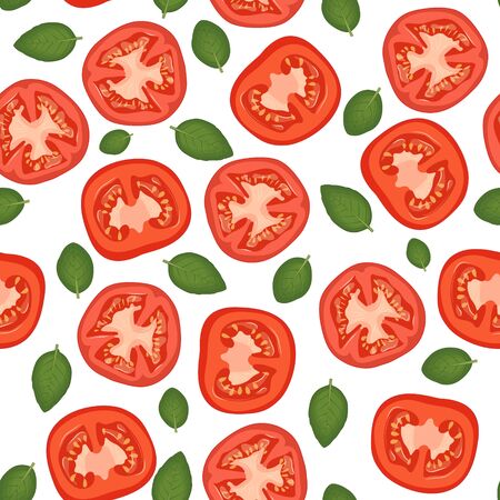 Vector, seamless pattern tomatoes and basil. Colorful, juicy background.のイラスト素材