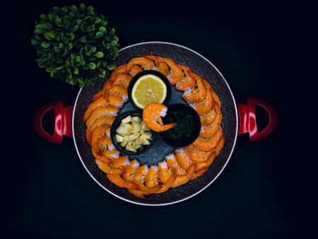 Fresh prawns in a pan with garlic, parsley and lemon on a black backgroundの写真素材