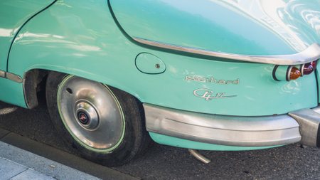 Loriol sur Drome, France - 17 September, 2022: Vintage turquoise Panhard PL 17, on the street....