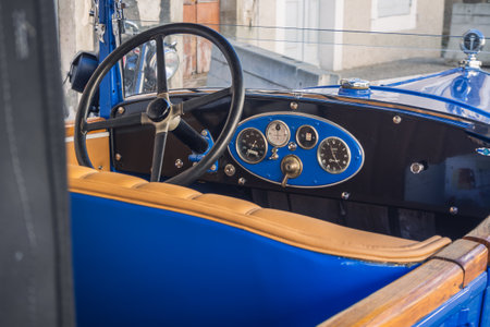 Loriol sur Drome, France - 17 September, 2022: Vintage Blue Peugeot 190 S convertible with folding fabric roof, parked on the street. Classic car exhibition in Loriol sur Drome, Frのeditorial素材