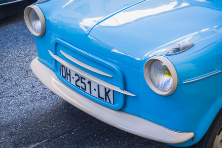 Loriol sur Drome, France - 17 September, 2022: Blue Vespa 400 - a microcar produced by the French company ACMA in the years 1957-1961. Classic car exhibition in Loriol sur Drome, Fのeditorial素材