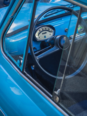 Loriol sur Drome, France - 17 September, 2022: Blue Vespa 400 - a microcar produced by the French company ACMA in the years 1957-1961. Classic car exhibition in Loriol sur Drome, Fのeditorial素材