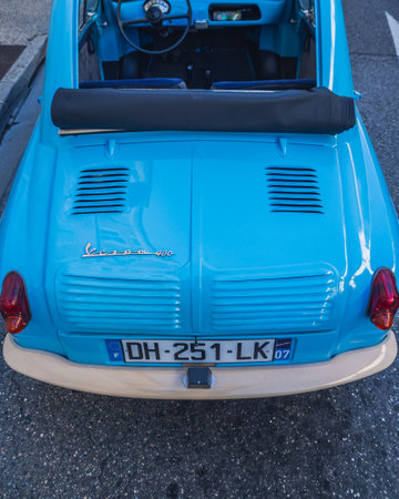 Loriol sur Drome, France - 17 September, 2022: Blue Vespa 400 - a microcar produced by the French company ACMA in the years 1957-1961. Classic car exhibition in Loriol sur Drome, Fのeditorial素材