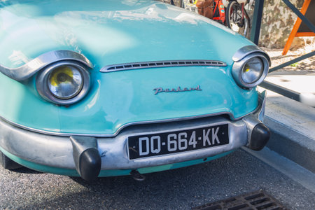 Loriol sur Drome, France - 17 September, 2022: Vintage turquoise Panhard PL 17, on the street. Classic car exhibition in Loriol sur Drome, France.のeditorial素材