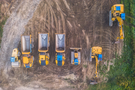 Loriol sur Drome, France - 11 November 2022: Excavators and dump trucks working during the construction of the viaduct on the DrÃ´me River. Deviation of national road 7 at Livron anのeditorial素材