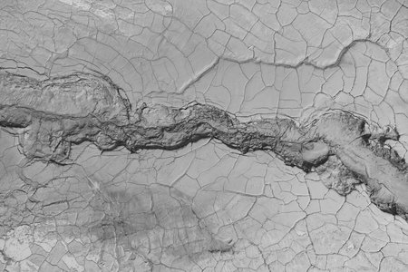 The structure of cracked wet earth at the bottom of the lake, creating irregular patterns,...