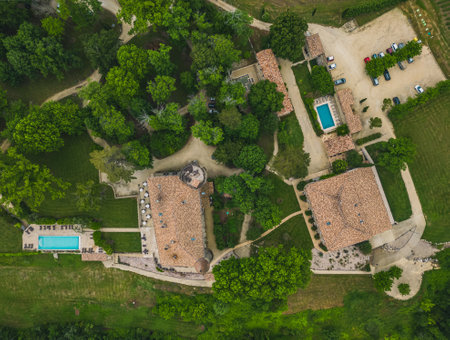 Charols, France - May 20, 2023: Panoramic aerial view of ChÃ¢teau Les Oliviers de Salettes, Charols in southern Franceのeditorial素材